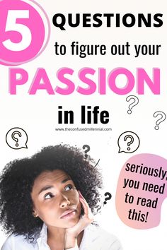 a woman talking on her cell phone with the words 5 questions to figure out your passion in life