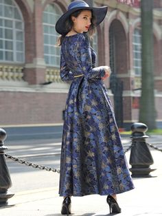 Elegant Women Long Maxi Evening Dress Floral Jacquard Fall V Neck Lady Autumn Winter Party Fashion 1 Piece Dress, Maxi Dress Floral, A Line Maxi Dress, Maxi Dresses Fall, Vintage Floral Pattern, Winter Party, Maxi Dress Formal, Floral Jacquard, Maxi Dress Evening