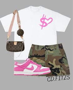 Camouflage Shorts Outfit Black Women, Summer Swag Outfits Women, Bunch Outfits Black Women, Pink Dunks Outfit Black Women, Cute Birthday Outfits For School, Shien Outfit Idea For Summer, Gradbash Outfit Ideas, Shein Outfits Summer 2023 Baddie, Shein Inspired Outfits