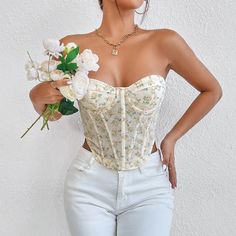 Get a sophisticated and sexy look with this women's sexy french gothic waist trainer bustier corset top. it features lace up boning and floral embroidery for a truly unique look. perfect for clubwear or a special occasion! Lace Up Tank Top, Crop Pullover, Print Aesthetic, Blue Corset, Strapless Crop Top, Girls Crop Tops, Strapless Corset, Backless Top, Waist Cincher