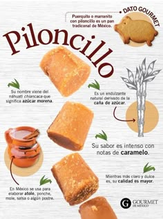 a poster with different types of food on it's sides and the words ploncillo written in spanish