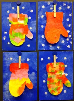 four handprinted paper crafts with the words fun kids winter paper craft ideas