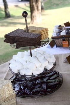 desserts are displayed on three tiered trays at an outdoor gathering in the park