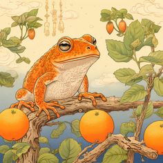 a frog sitting on top of a tree branch with oranges in front of it