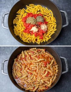 two pictures showing the process of making pasta in a skillet