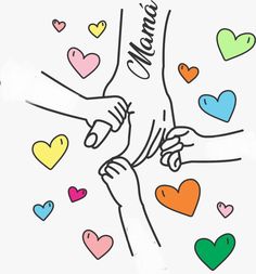 two hands reaching for each other with hearts around them