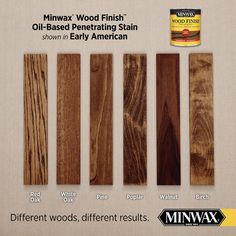 several different types of wood stain are shown in this ad for minwa's wood finish