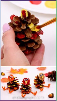 pine cone crafts for kids that are fun and easy to make with pine cones, leaves, and turkeys