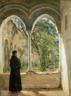 a painting of a woman looking out an arched window