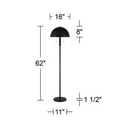 a black floor lamp on a white background with measurements for the base and bulb height