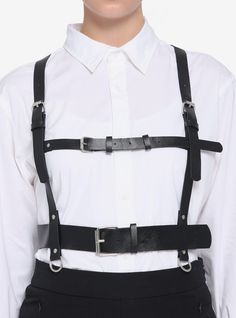 Want an extra edge to make your outfit look truly strapping? This harness is your ticket. Features adjustable double buckets on the front  an O-ring at center on the back and a series of dangling D-rings at the waist.Polyurethane; alloyImported Body Harness Outfits, Harness Outfit, Harness Fashion, Make Your Outfit, Leather Harness, Body Harness, Sewing Leather, D Rings, Outfit Look