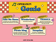 the poster for an upcoming show called operation genee, which features words and phrases