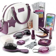 the contents of a women's purse are arranged in purple and white, including a cell phone