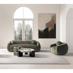 a living room filled with furniture and a large window