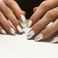 white silver foil nails Nail Simple Designs, Nails Design Almond Shape, Nails White Almond, Nails Design Almond, Hand Positioning, Foil Nail Designs, Nail Simple, Reflective Nails, Foil Nail Art