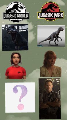 some people are standing in front of dinosaurs and other things that appear to be from the movies