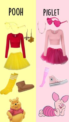 the pooh and piglet costumes are shown in three different colors, including pink