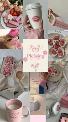 a collage of photos with pink and white items on them, including cupcakes