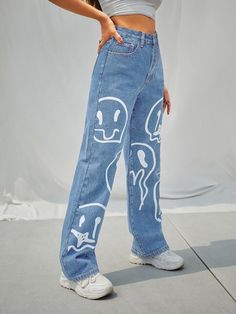 Look 80s, Diy Pants, Wide Legged Pants, Senior Style, Denim Decor, Moda Jeans, Painted Jeans, Painted Clothes