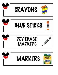 three mickey mouse stickers with the words crayons glue sticks dry erase markers markers