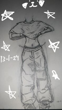 a drawing of a person's shirt and pants with stars around them on a sheet of paper