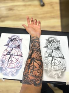 a person's arm with tattoos on it and two different clocks in the background