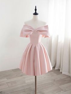 A-Line Off Shoulder Satin Pink Short Prom Dress, Pink Homecoming Dress – shopluu Light Pink Wedding Dress Short, Short Dresses For Quinceanera, Quince Dama Dresses Pink, Pastel Pink Dress Short, Champagne Pink Dress Short, Pink Knee Length Dress Formal, Pink Ahort Dress, Cute Pink Homecoming Dresses, Pink Short Puffy Dress