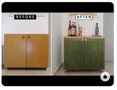 before and after photos of a bar cabinet