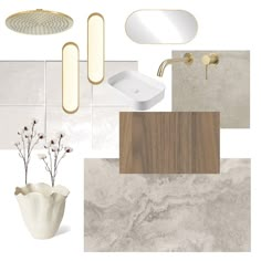 bathroom design board with white and gold accents including sink, mirror, toilet paper holder, soap dispenser