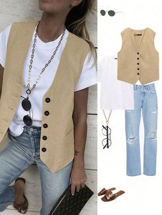 Outfits With Vests For Women, Woman Vest Outfit, Vest Women Outfit, Beige Jeans Outfit, How To Style A Vest, Vest Outfits Aesthetic, Vest Outfit Women, Outfits Gorditas