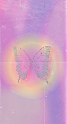 a white butterfly flying through the air over a pink and purple background with an orange circle