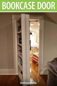 an open bookcase door is shown with the words, how to build a bookcase door