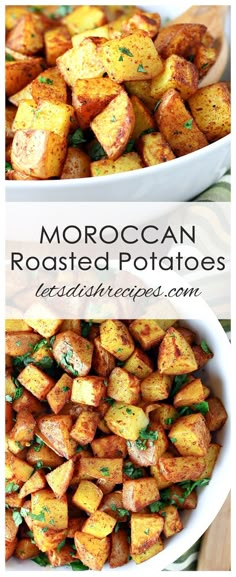 two pictures of roasted potatoes in white bowls