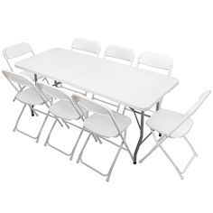 PRICES MAY VARY. PICNIC COMBO SET: 6 feet table and chairs set, cost-effective combo comes with 1 long table and 8 folding chairs, capacity up to 8 people DURABLE CONSTRUCTION: Both table and chairs tops are crafted anti-scratch and weather resistant, thicker and heavy-duty steel frame ensure the lifetime of our table and chairs. Locking system of table double secures the stability and your safety MULTI-FUNCTIONAL : Perfect choice for either indoor or outdoor, can be used as dining table set for Picnic Event, Plastic Folding Table, White Folding Chairs, Party Chairs, Meeting Table, Folding Chairs, Plastic Tables, Long Table, Plastic Chair