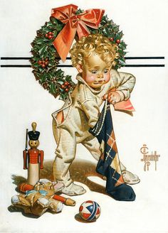 an old fashioned christmas card with a little boy holding a wreath and other items around him