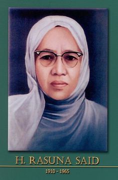 a portrait of a woman wearing glasses and a hijab with the words h rasuna said 1910 - 1965