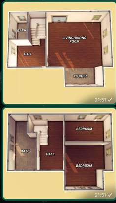 two floor plans showing the living room and bedroom in each apartment, one with an attached bathroom