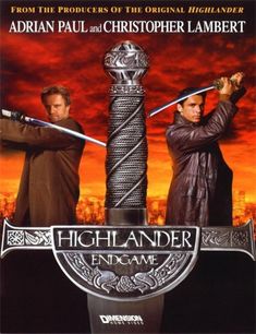 the movie highlander endgame with two men holding swords in front of an orange sky