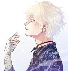 an anime character with white hair and piercings on his ears, wearing a blue shirt