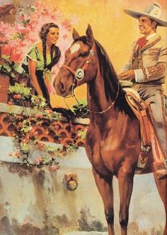 a painting of a man and woman riding on the back of a brown horse next to flowers