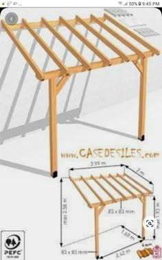 an image of a wooden pergolan with measurements for the top and bottom sides