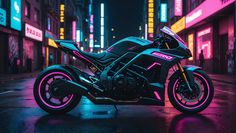 a motorcycle parked on the side of a street at night with neon lights in the background