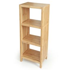 a wooden shelf with three shelves on each side