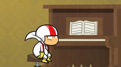 a cartoon character sitting on top of a desk next to a book shelf with an open book