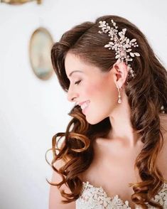 Easy Elegant Curls In Bejeweled Side Part Elegant Curls, Half Crown Braids, Braids Curls, Wedding Hairstyle Ideas, Ringlet Curls, Side Swept Curls, Loose Updo, Loose Ponytail, Up Dos