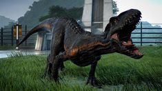 an image of a dinosaur that is in the grass with it's mouth open