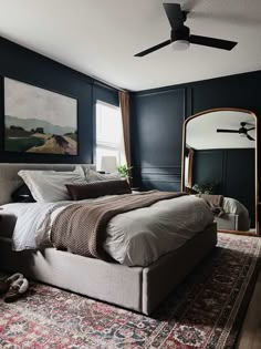 Charcoal Master Bedrooms Decor, Dark Charcoal Bedroom Walls, Charcoal Bedroom Walls, Charcoal Accent Wall Bedroom, Charcoal Bedroom, Bedroom Inspirations Master, Bedroom Decor Dark, Dark Bedroom