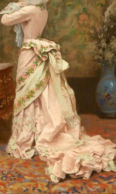 Toilette by Jules James Rougeron 1877 (detail). Historical Gowns, 1870s Fashion, Dress Painting, 1800s Fashion, Bustle Dress, 19th Century Fashion, Natural Form, Victorian Clothing, Antique Dress