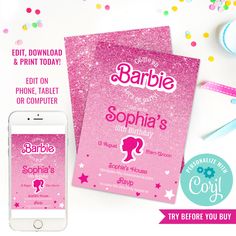 a pink sparkle birthday party card with the text barbie on it and an iphone next to it