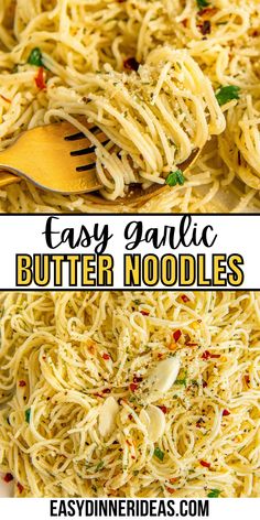 easy garlic butter noodles in a white bowl with a wooden spoon on the side and text overlay that reads easy garlic butter noodles